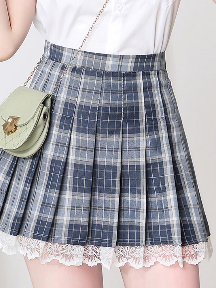 

Plaid Women Pleated Skirt Lace Korean Cute Style High Waist School Female Mini Skirts Ladies Short A Line Skirts for Girls