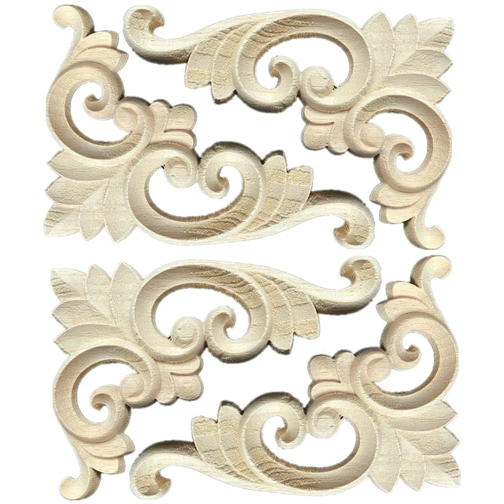 4PCS 10/13cm Chinese Antique Double-sided Carved Corner Flower Statue Ornamental Wood Appliques Carving Decal Wooden Window Door