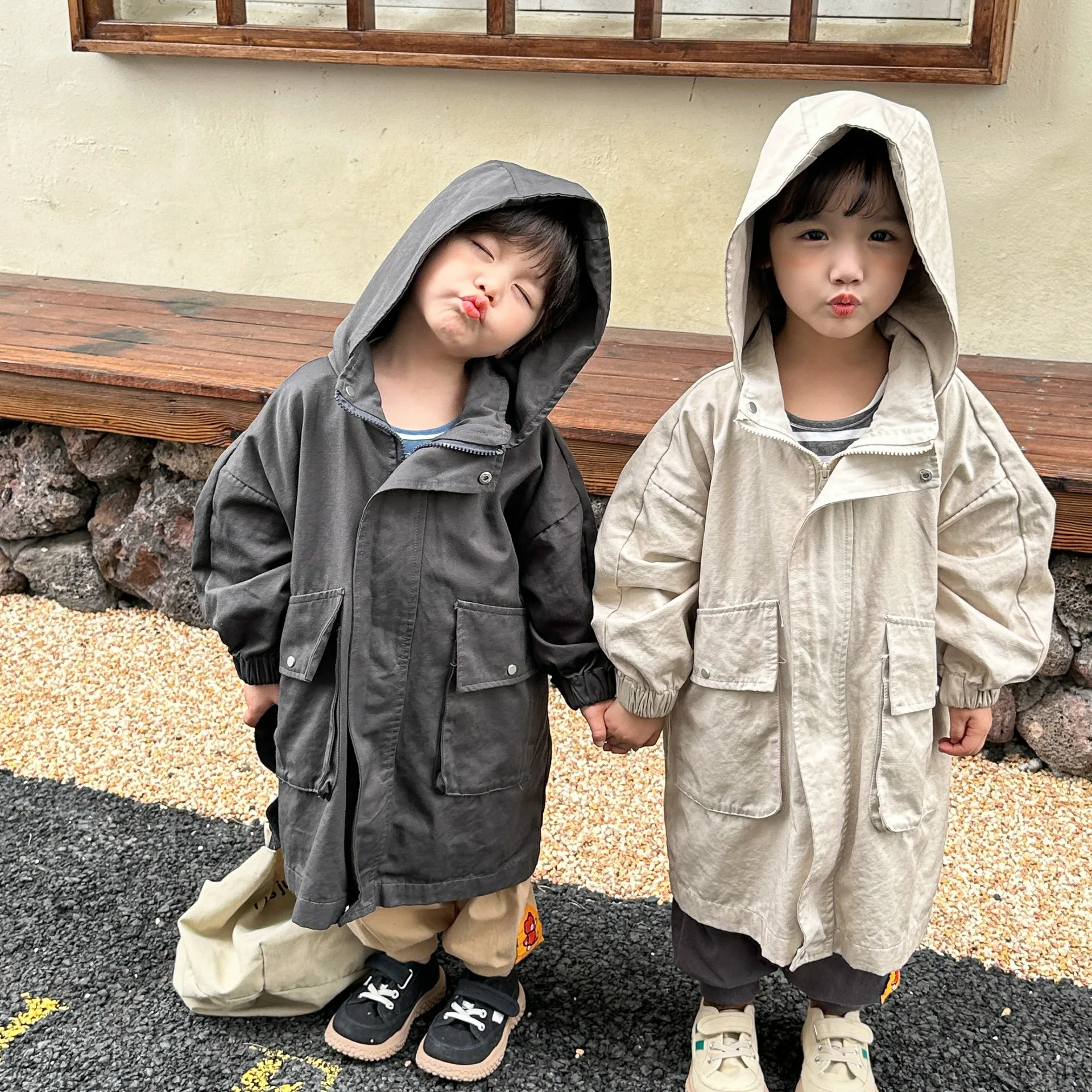 

And Boys Korean Girls Coats Solid Jackets Children Hooded Color Trench Oversized Outwears Fashion Style 2023 Loose Long