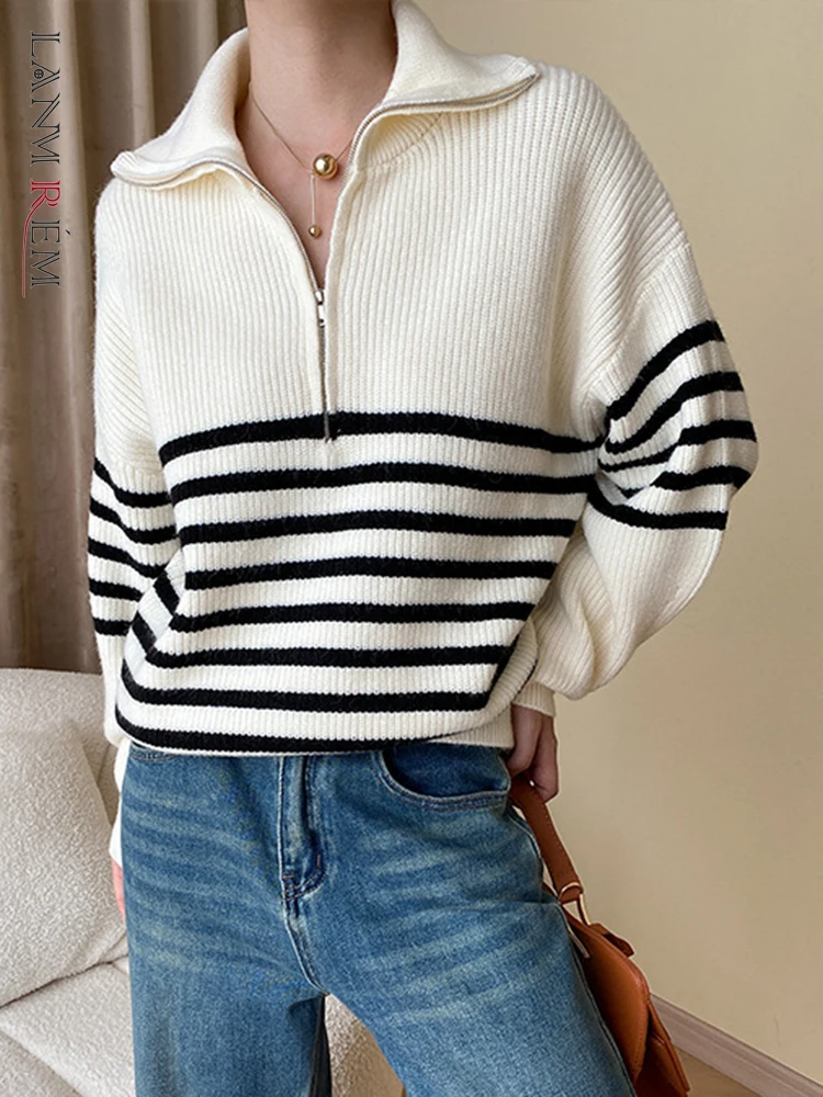 

[LANMREM] Fashion Striped Knitted Sweater For Women Lapel Long Sleeve Pullover Elegant Female Tops 2023 Autumn New 26D5422