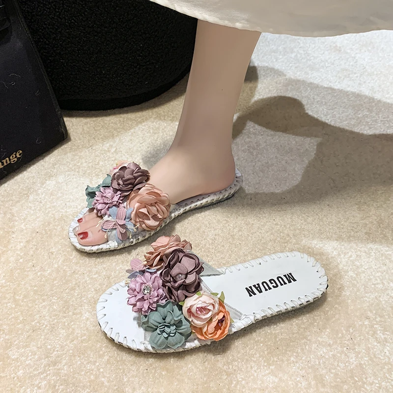 

Шлепанцы женские с цветочным принтом, сланцы, плоская подошва, Прошитые Элегантные Тапочки с аппликацией, лето 2023