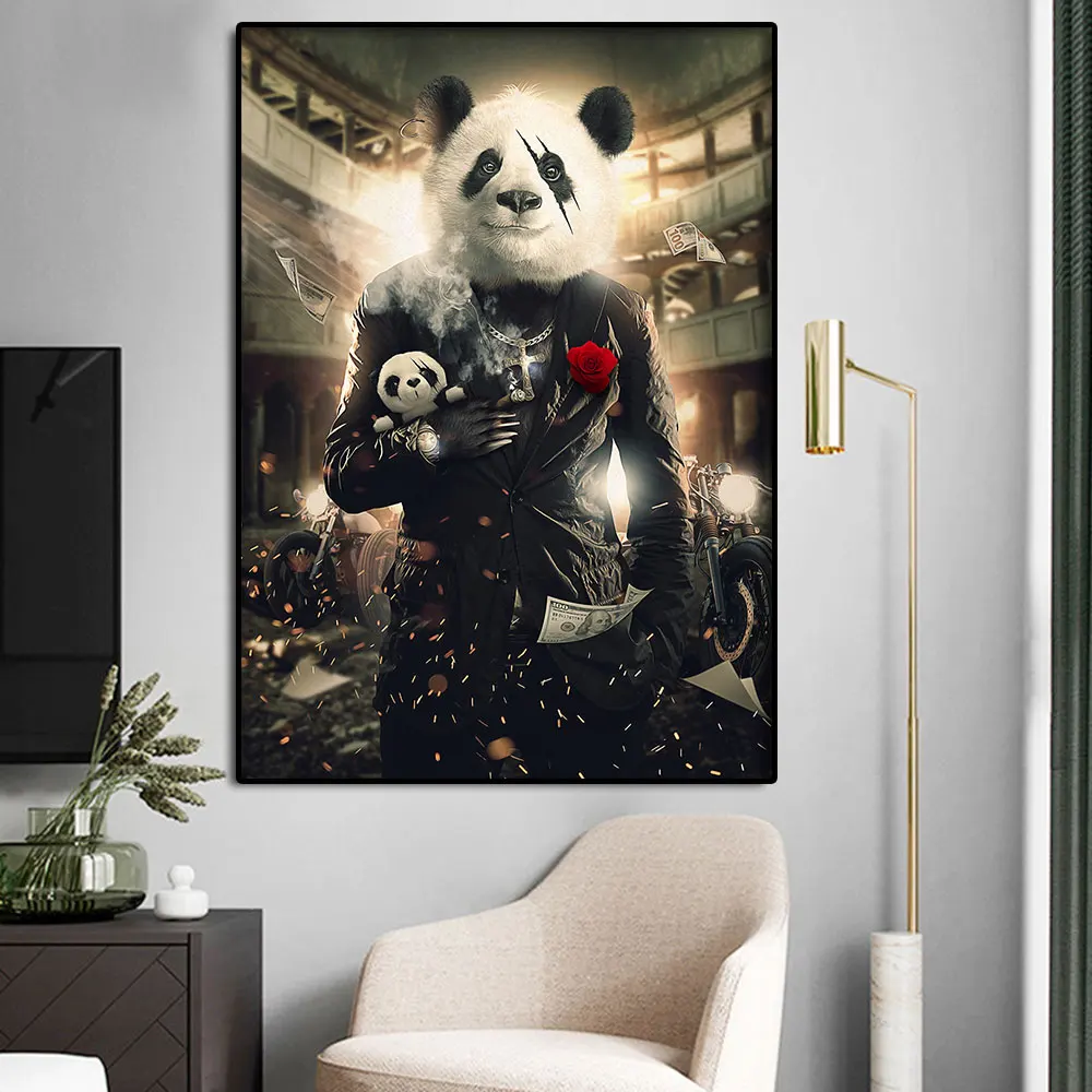 

Graffiti Art Smoking Panda Poster 100 Dollar Picture Canvas Painting Animal Wall Artwork For Hoom Room Decoration Frameless Gift
