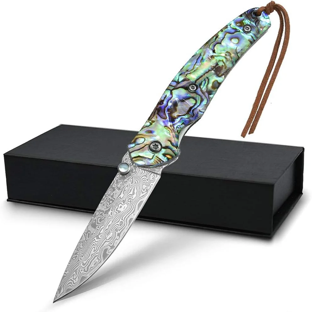 

Excellent Handmade Damascus EDC Ourdoor Knife 167 Layers VG10 Blade Abalone Shell Handle Super Sharp Gift Box Camping Fishing