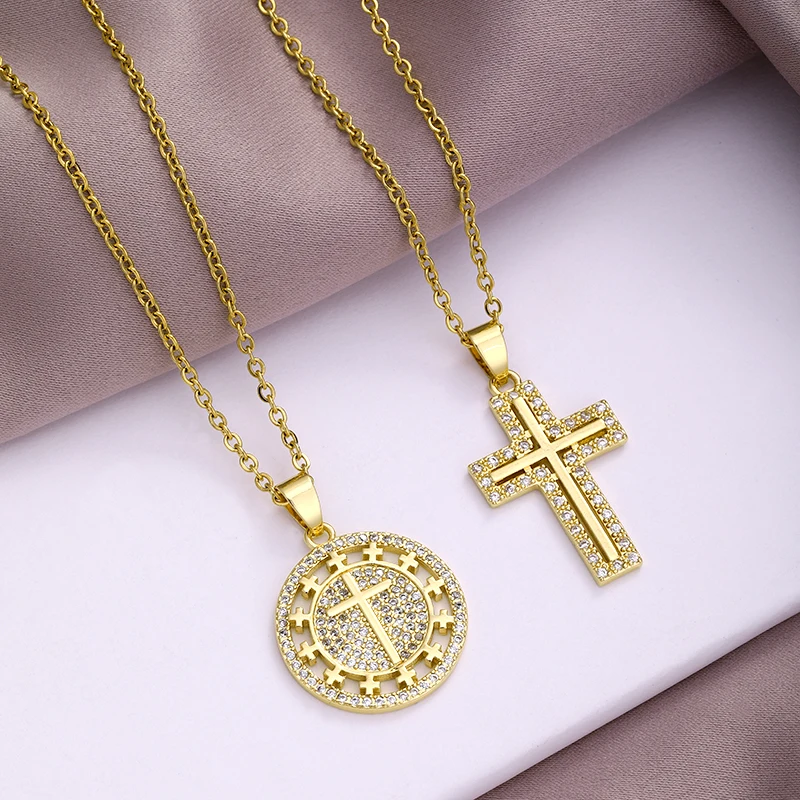 Jesus Cross Necklace Men Women Gold Color CZ Pendant Christian Stainless Steel Chain Necklace Fashion Party Jewelry Gift