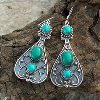 vintage waterdrop metal hand carved textured earrings set green stone womens hook drop earrings jewelry