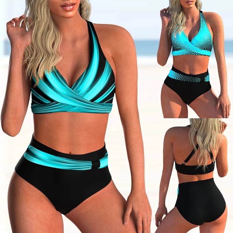 

Women Sexy Bikini Set 2023 Summer New High Waist Push Up Floral Print Swimwear Female Beach Halter Backless Two Pieces Swimsuit