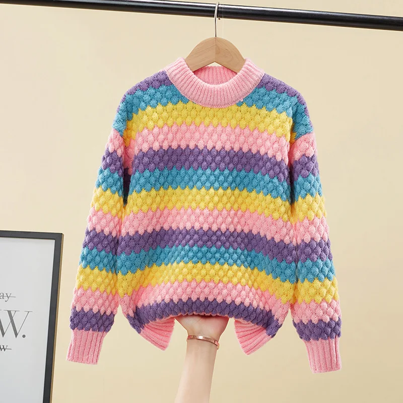 

New Spring Fashion Sweater Girls Korean Version Color Stripe Kids O-Neck Knitted Pullovers For Teenager Age 5-15 Years Clothes