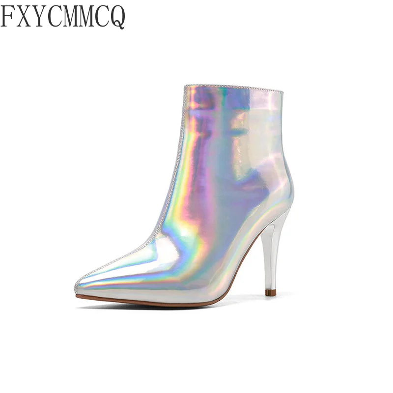 

FXYCMMCQ Laser Silver Stiletto Fashion Long Mid-section Boots 31-46 Yards T Stage Catwalk Nightclub Banquet Cm-117B