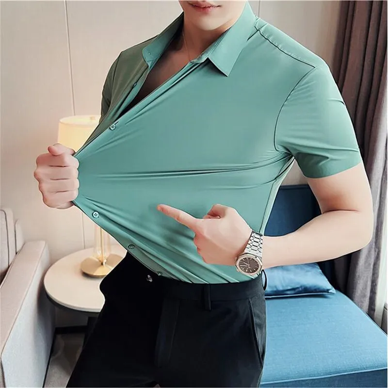 

6colors High Quality New Solid High Elasticity Seamless Short Sleeve Shirts Men Slim Social Casual Business Formal Dress Shirt