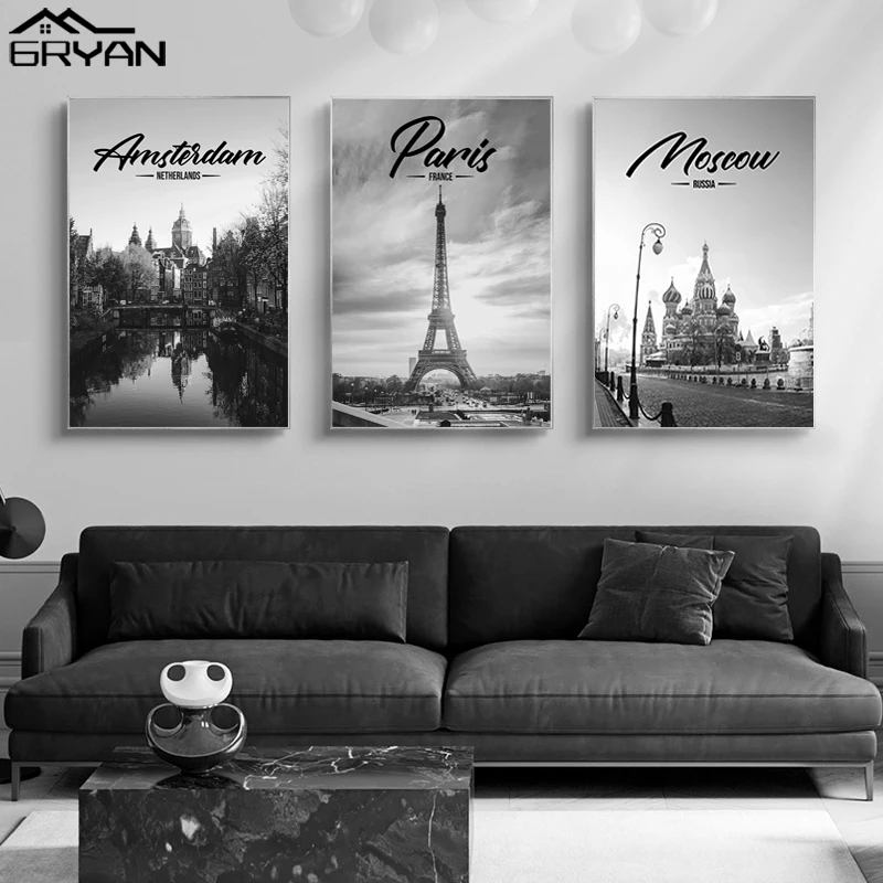 Черно-белый настенный плакат с изображением известных европейских городов