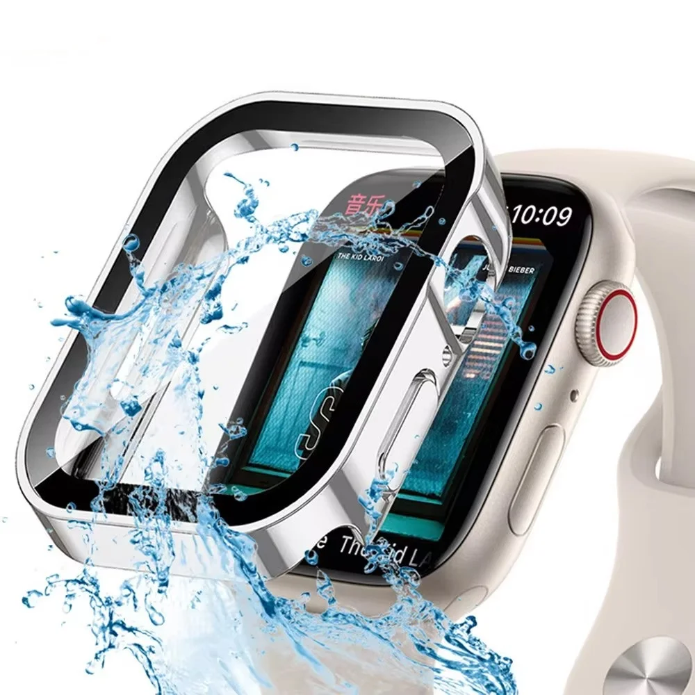 Фото Стекло + водонепроницаемый чехол для Apple Watch 6 5 4 SE 44 мм 40 мм, защитная пленка для экрана жесткого ПК-бампера для iWatch Series 7 8 9 45 мм 41 мм 40 мм №2