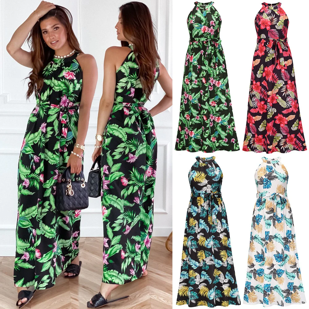 

2022 summer new neck print long skirt temperament round neck sleeveless elegant dress women's wear