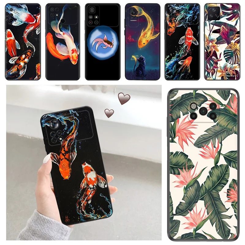 

Soft Phone Cases For Xiaomi Poco C51 X5 Pro F4 X4 GT M5 M4 F3 M3 C55 C50 C40 X3 NFC F1 Plants Leaves Goldfish Black Matte Cover
