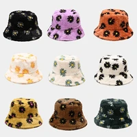 2022 autumn winter faux rabbit fur bucket hat for women flowers printed bucket cap panama outdoor fashion warm fisherman hat