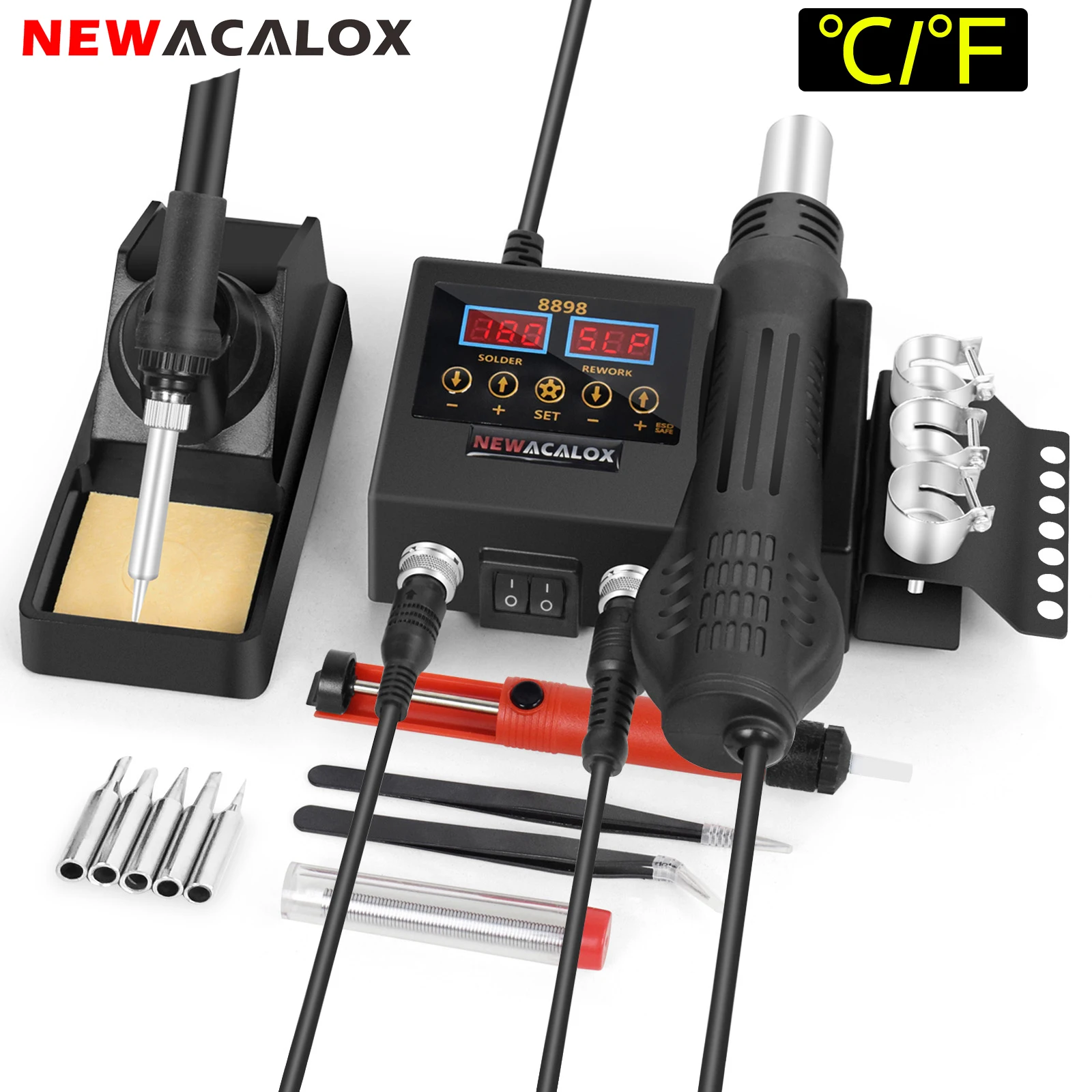 

NEWACALOX 220V 2-in-1 Rework Soldering Station Hot Air Gun Electric Soldering Iron ℃/℉ Temperature Adjust for PCB IC Repair