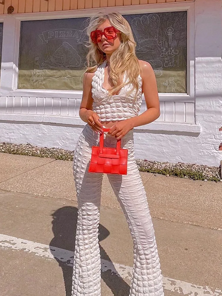 

Женский летний комплект hirigin, комплект из двух предметов, короткий топ без рукавов с открытой спиной и лямкой на шее, расклешенные брюки с вы...