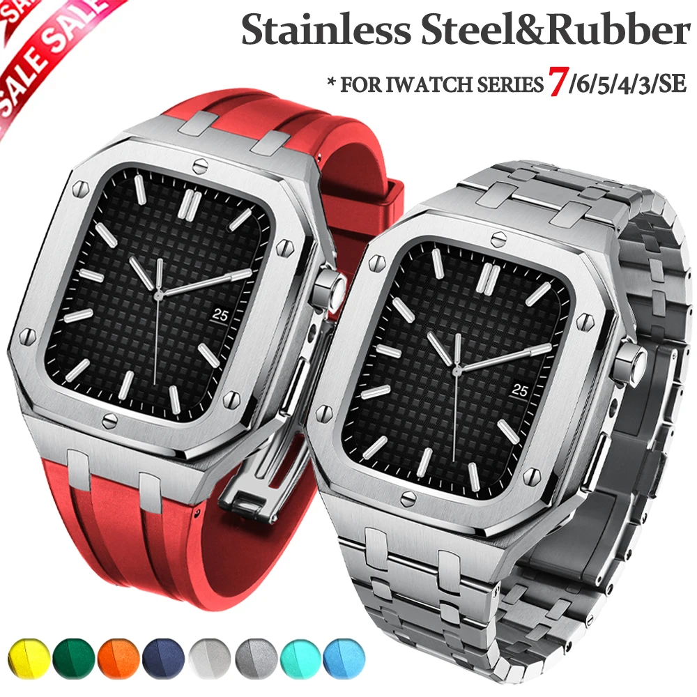 

Luxury Metal Case For iWatch SE 7 44 45MM Stainless Steel Cover Modification Kit Protection Shell For Apple Watch Series 6/5/4/3