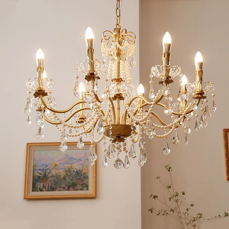

French Chandelier Luxury Crystal Pearl Candle Holder Copper Indoor Lighting Lamp Living Room Dining Room Bedroom Chandelier
