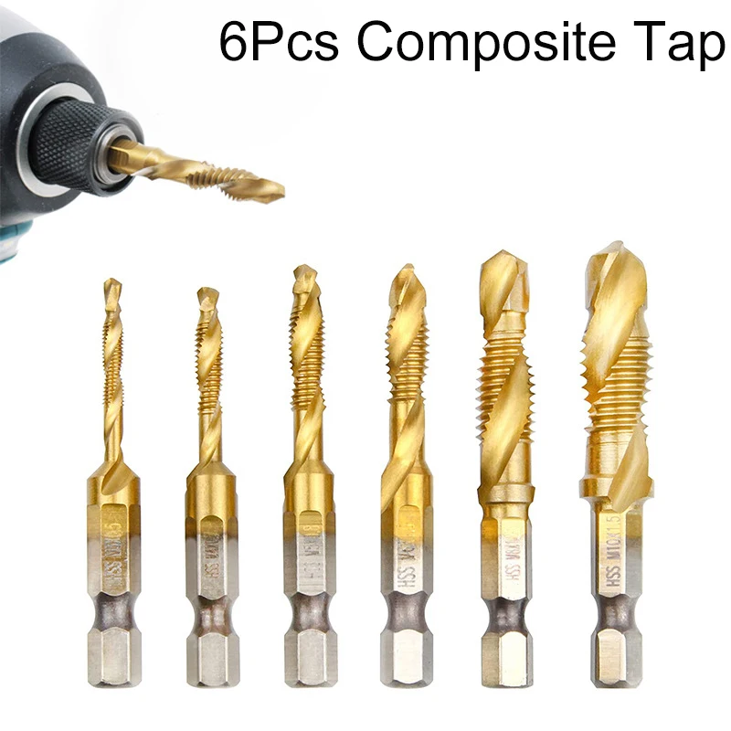 6Pcs High Speed Steel Composite Tap Drilling and Tapping Integrated Tap Hole Tapping and Chamfering Tap Countersink Deburr Set