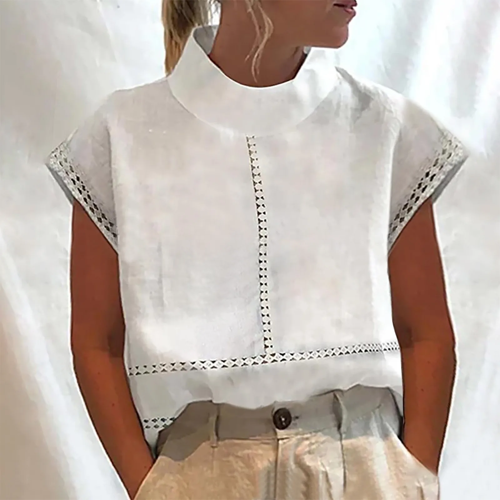 

Женская офисная блузка из хлопка и льна, рабочая одежда, рубашка, Женская Однотонная рубашка с воротником-стойкой, Ажурные топы и блузки, блу...