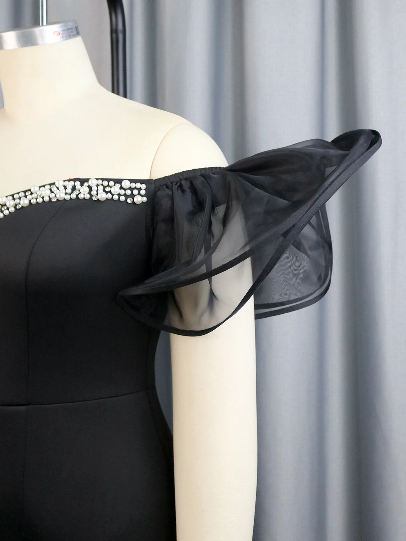Plus Size Elegant Rhinestone Dress Women Mesh Puff Sleeve Cloth Lady Casual Luxury Robe 2023 Summer Trendy Party Evening Dress