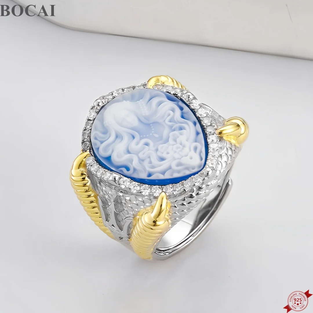 Фото Новые кольца-шармы BOCAI из стерлингового серебра S925 для женщин, позолоченные серьги-гвоздики с рельефным синим агатом и изображением богини, изысканные ювелирные изделия №1