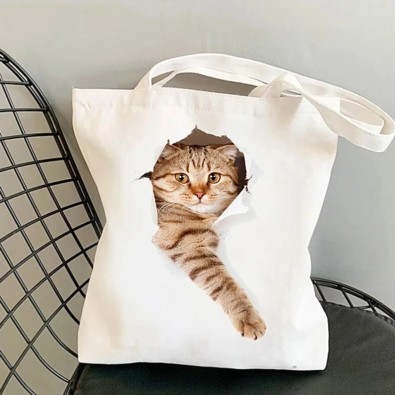 

Повседневные холщовые женские сумки на плечо с милым котом, вместительные сумочки с 3D принтом, экологически чистые многоразовые модные тоуты для покупок