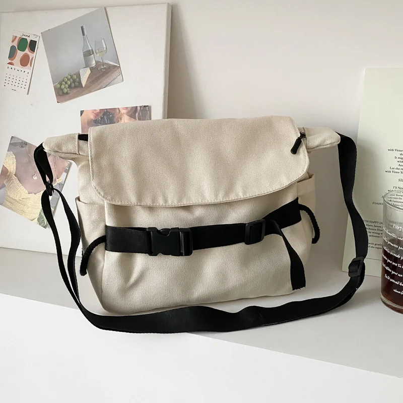 Women's Bag 2022 Canvas Large Capacity Single Shoulder Messenger Bags Hasp Velcro Solid Color Simple Female Canvas Student Bags