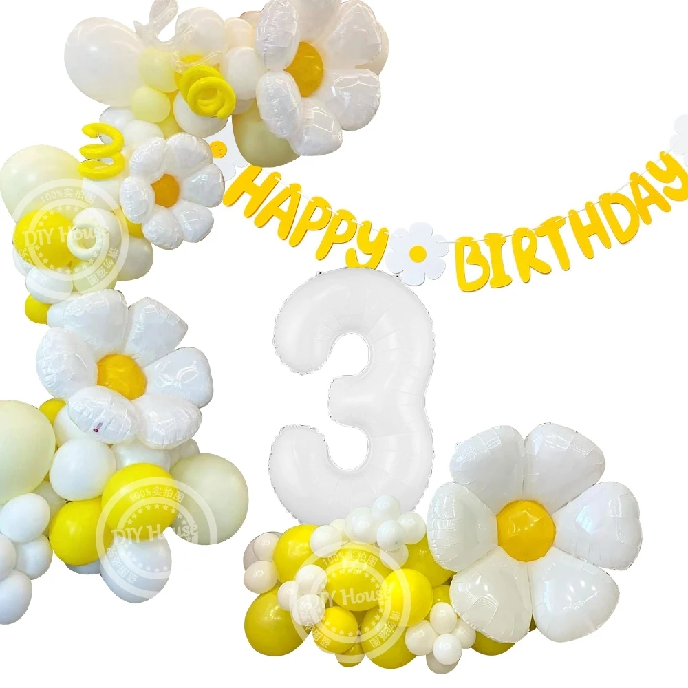 

30pcs Daisy Flower Balloons Tower with 1-9 32inch White Figure Balloon Kids Happy Birthday Party Decoration DIY Party Supply