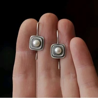 exquisite round white pearl earrings simple fashion silver color metal double layer square long dangle earrings for women