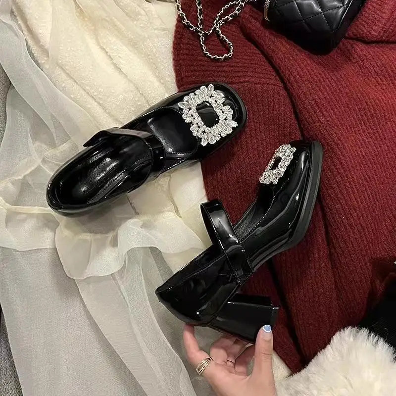 

Women Heeled Shoes Crystal Decoration Mary Jane Shoe Japanese Style Vintage Shoes Women's High Heels sapatos femininos Heels
