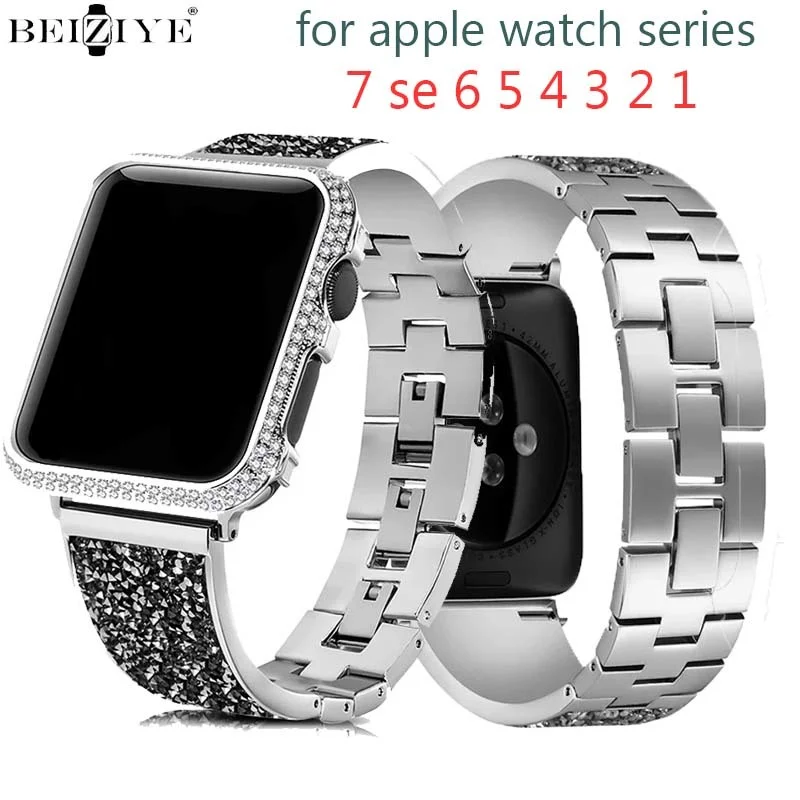 stainless steel gem strap for apple watch band 38mm 42mm 40mm 44mm 41mm 45mm Metal Case Accessories iwatch series 7 se 6 5 4
