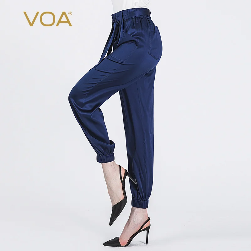 

(Clearance Sale)VOA Satin Silk Sea Blue Slight Strech Casual Joggers Women Elastic Nine-point Leggings Cargo Pants Women K3885