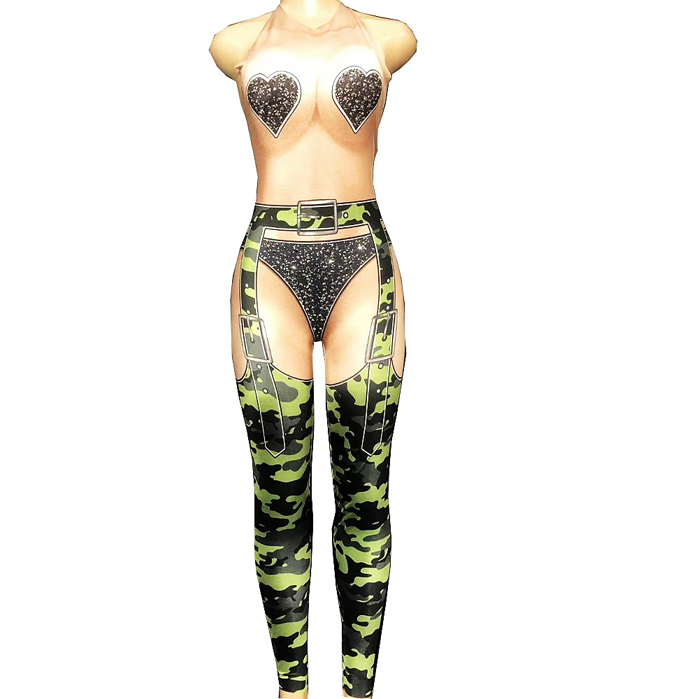 

Personality Skinny Stretch Jumpsuits Camouflage Print Evening Prom Party Show Performance Stage Wear Backless Nightclub Costume