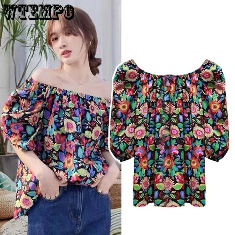 Vintage Floral Shirt Slash Neck Off-Shoulder Short Sleeves Women Chiffon Blouses Summer French Printing Puff Sleeve Top