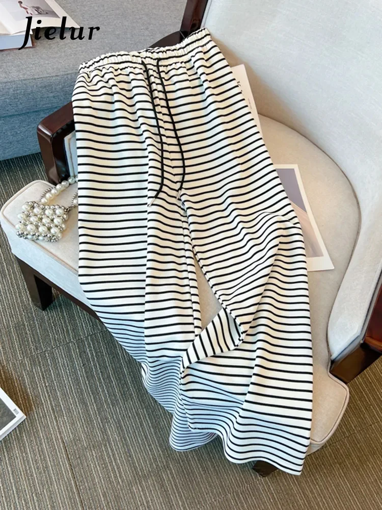 

Новые свободные облегающие летние брюки, женские прямые Полосатые повседневные брюки с высокой талией, женские белые черные корейские женские брюки