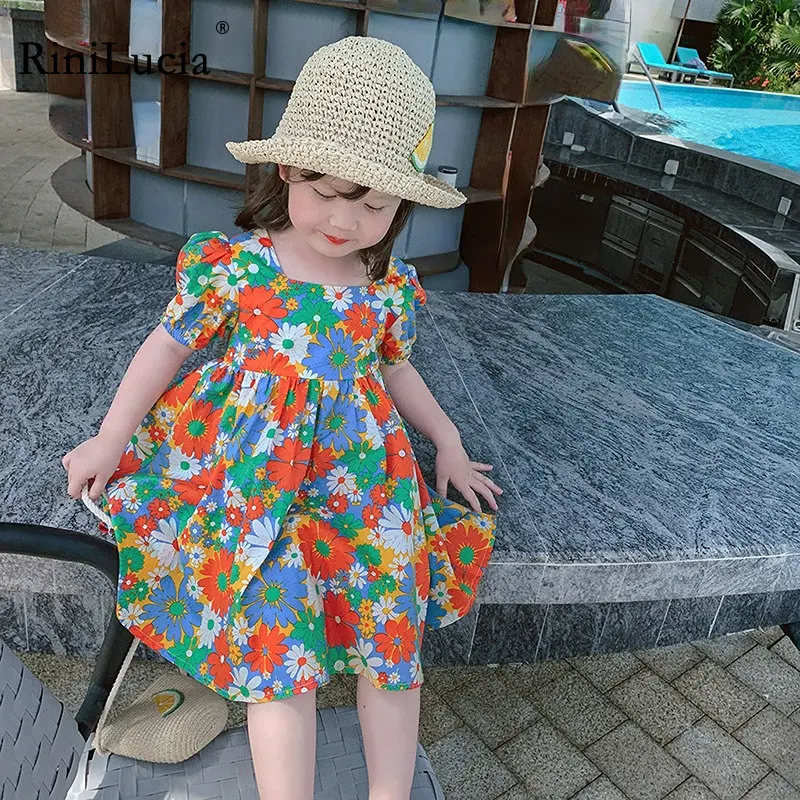 

2023 1-7 T Baby Girls Short Sleeve Flower Print Dresses Clothes Kids Summer Princess Dress Children Party Dress Outfit