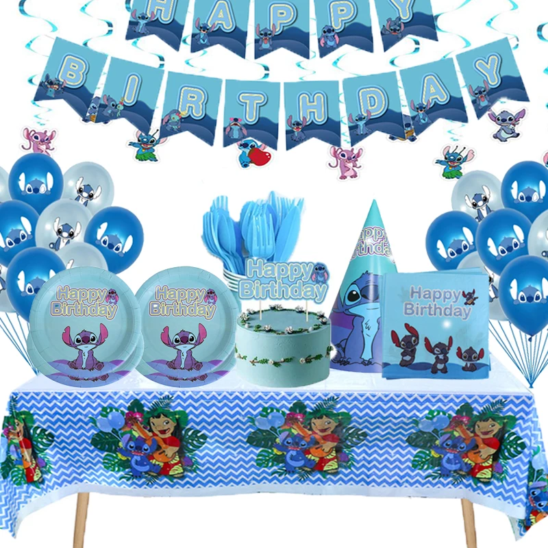 

Blue Stitch Birthday Party Decoration Disposable Tableware Supplies Paper Cup Plate Balloons Baby Shower For Kids Party Supplies