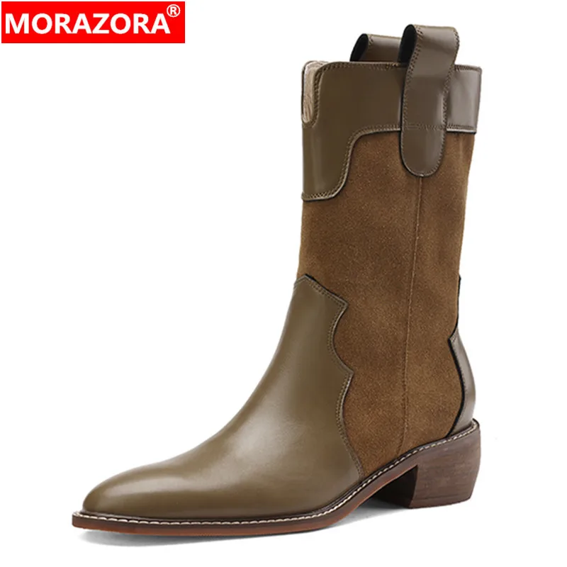 

MORAZORA 2023 New Ladies Slip On Western Boots Square Med Heels Shoes Mid Calf Boots Autumn Winter Genuine Leather Women Boots