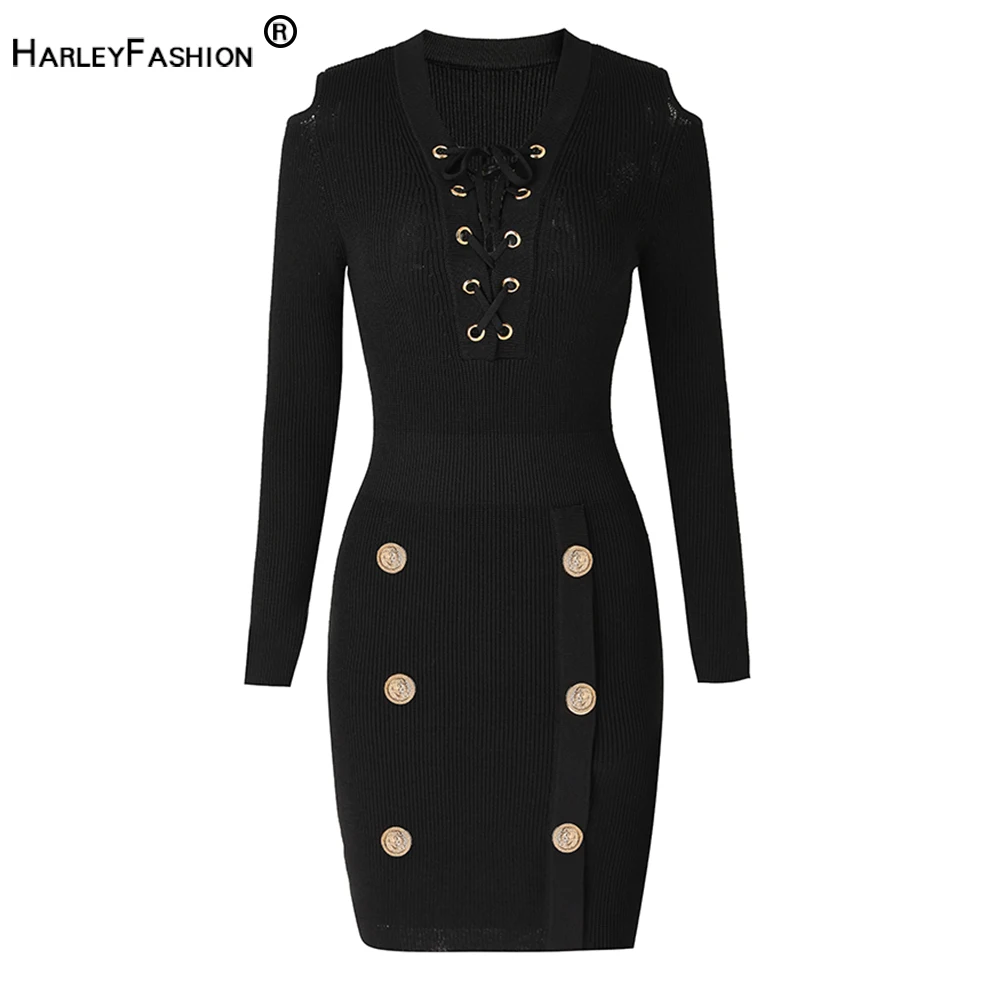 

Итальянский стиль, Коллекция весна-осень, Черное Трикотажное Платье-футляр с открытыми плечами, уникальный дизайн, на шнуровке