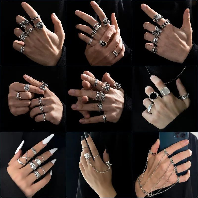 

Dark Wind Trend Hip-hop Ring Male Retro Bat Skull Double-headed Snake Ring Set