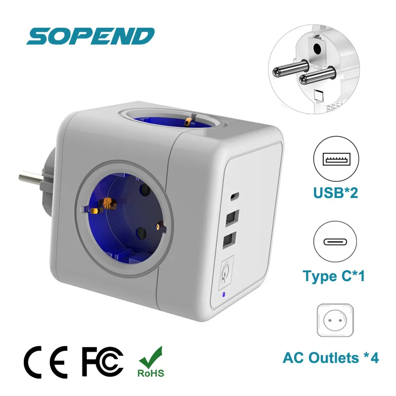 Sopend EU Plug Power Strip Adapter with 2 USB Ports 4 AC Outlet 1 Type C and On/Off Switch Overload Protection Multi Socket Cube