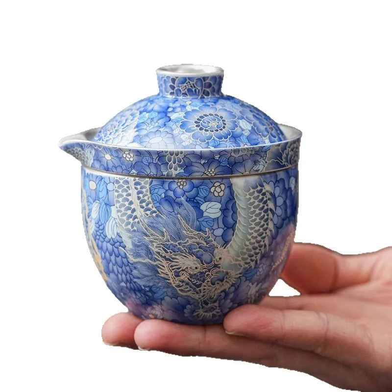 Серебряный чайный сервиз Longteng Shengshi, портативный дорожный сервиз, ручная роспись, синий и белый серебряный чайный сервиз, быстрая чашка, один горшок, три чашки (art.: 3920d3528db46) - 3920d3528db46
