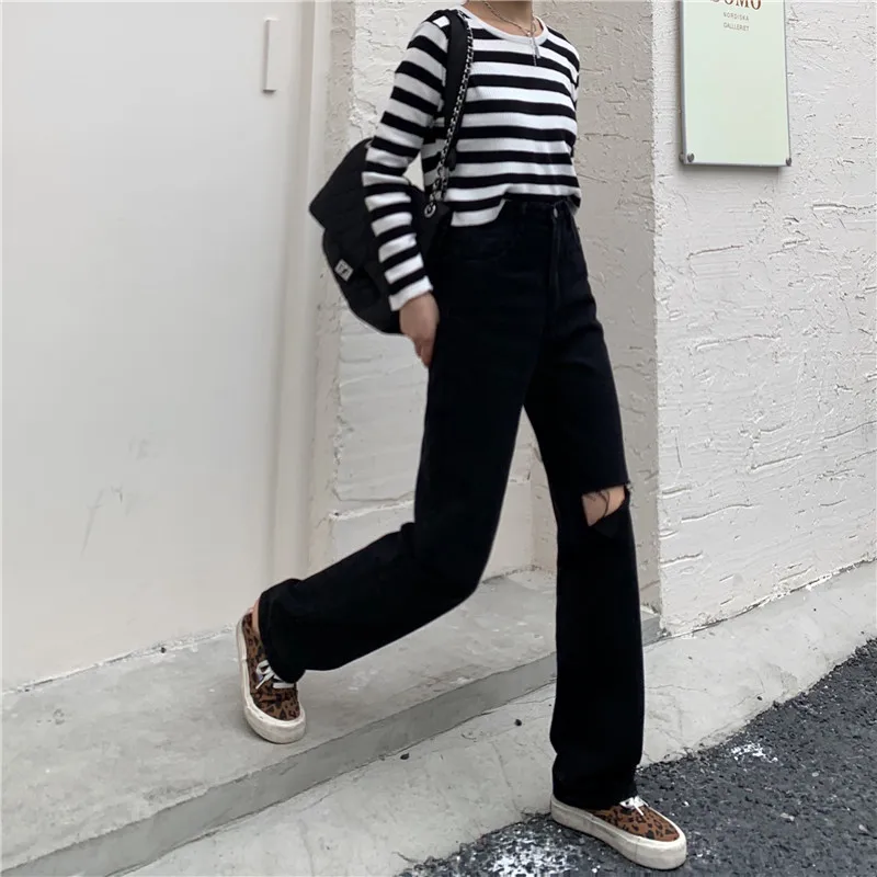 

DD3256 Jeans women's high waist straight pants loose pants slim all match jeans