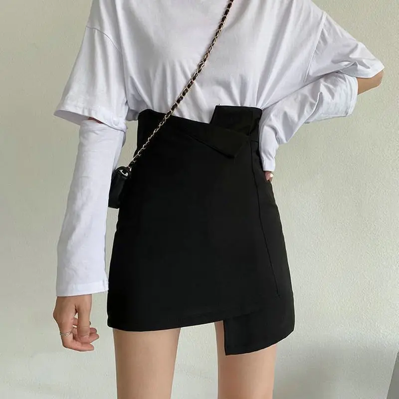 Girl Design Scheming Black Split A-word Bag Hip Sexy Skirt Female Light Mature Casual Preppy Style Autumn Irregular Short Skirt