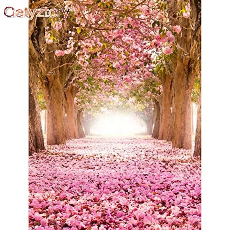 

GATYZTORY 40x50cm Diy Painting By Numbers Kits Cherry Blossom Road Scenery Paint Canvas Coloring Picture HandPainted Home Decora