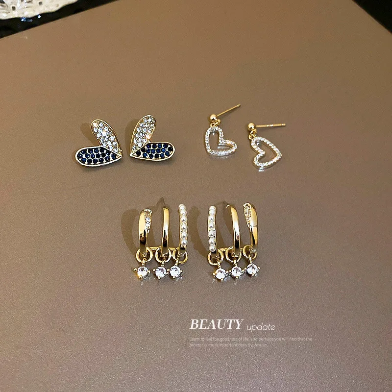 

Minar Korean Fashion Multiple Shiny Rhinestone Love Heart Hanging Earring for Women Multi-Layers Drop Dangle Earrings Oorbellen