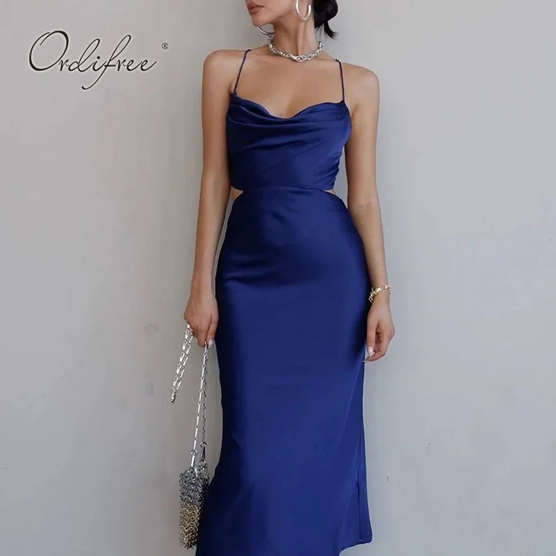 

Ordifree 2022 Summer Women Satin Dress Spaghetti Strap Green Blue Sexy Backless Silk Dress