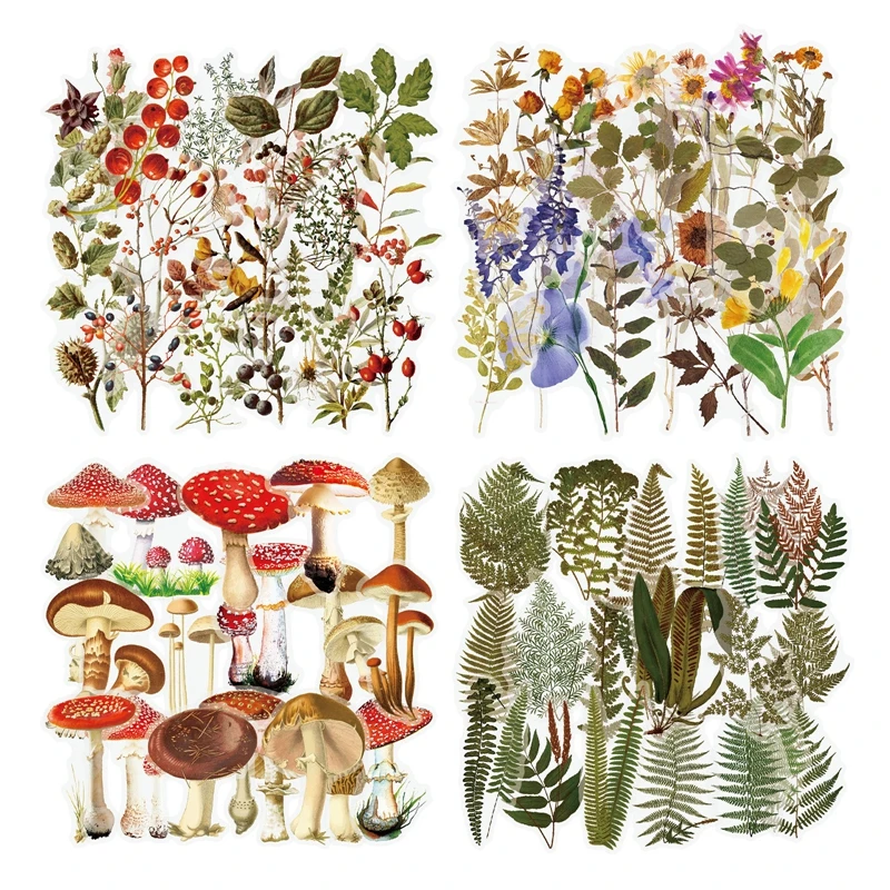 

40PCS Waterproof Transparent Retro Flower Mushroom Nature Book DIY Hand Account Material Mushroom Sticker Wholesale