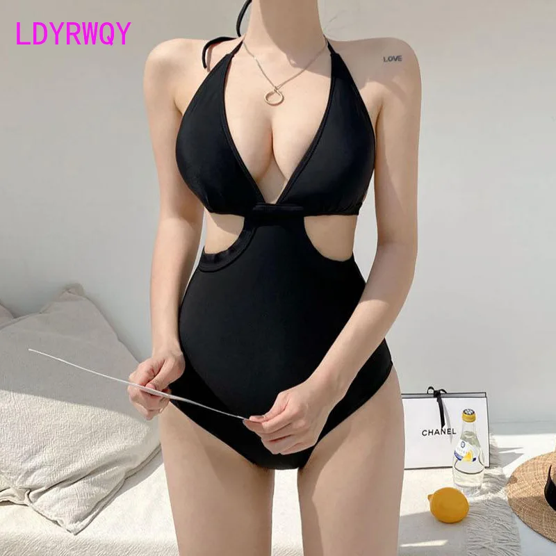 

2022 корейский черный пикантный купальник с открытой спиной размера, треугольный слитный купальник для отпуска, женское бикини